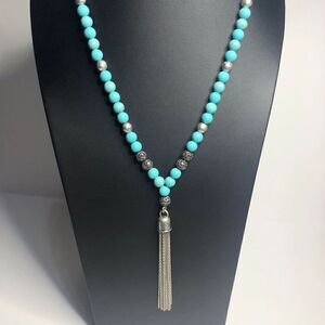 329 Lucky brand silvertone turquoise bead tassel pendant necklace 32" Long